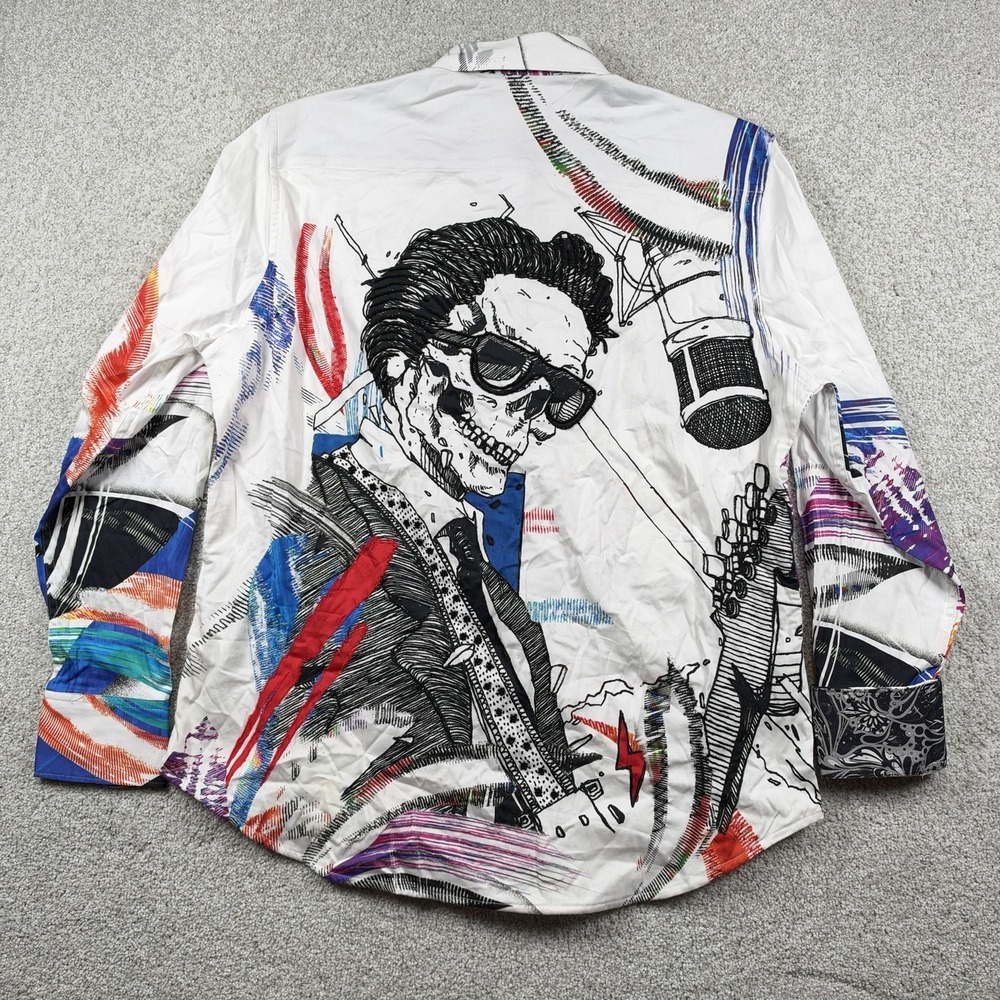 NEW Robert Graham Limited Edition Rock House Beaded Skull Guitarist Art Shirt L